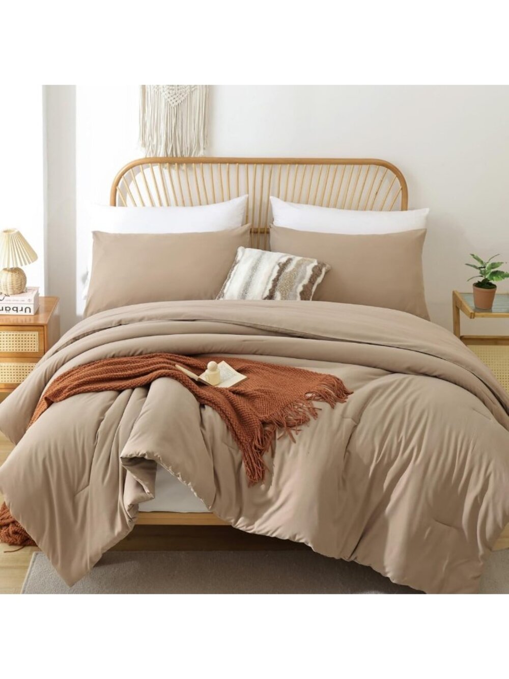 King Size Taupe Brown Comforter Set - 3pc Boho Tan Bedding, Lightweight